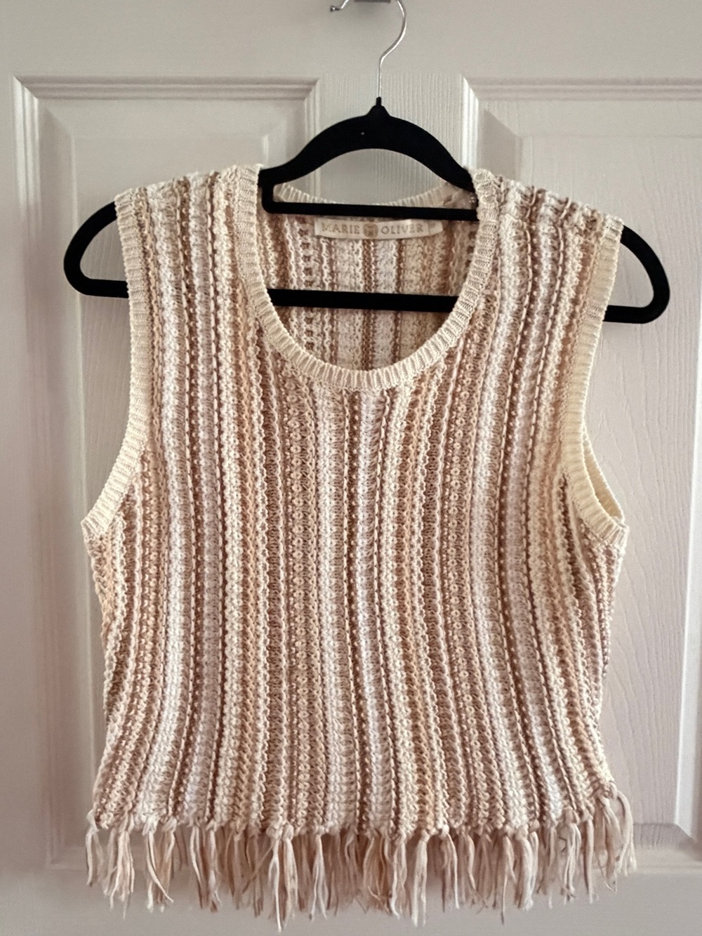 Marie Oliver XS Fringe Knit Sweater Tank Cream Beige Boho Sleeveless Top